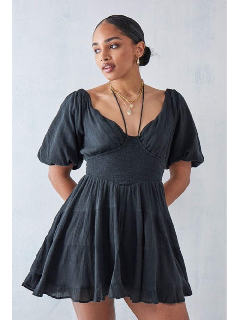 NEW FREE PEOPLE Washed Black PERFECT DAY Cotton Gauze TIERED Tie Mini DRESS XS - Picture 15 of 16